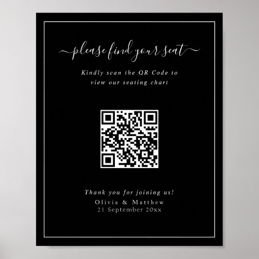 Moderne schwarze Hochzeits-QR-Code-Sitzordnung Pos Poster (Vorne)
