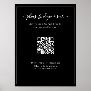 Moderne schwarze Hochzeits-QR-Code-Sitzplan-Poster Poster