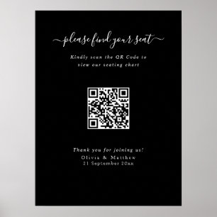Moderne schwarze Hochzeits-QR-Code-Sitzplan-Poster Poster