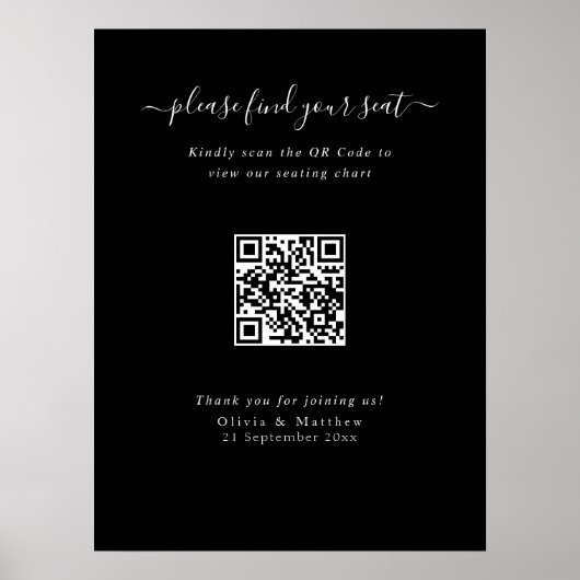 Moderne schwarze Hochzeits-QR-Code-Sitzplan-Poster Poster (Vorne)