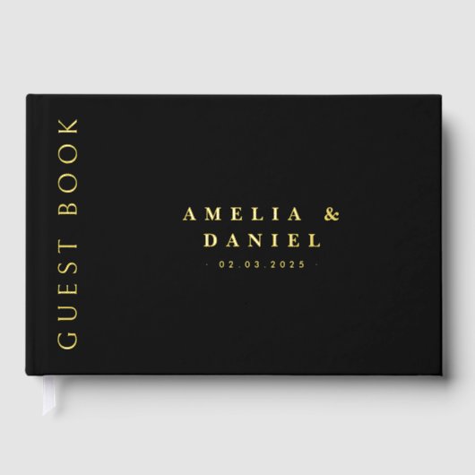 Moderne schwarze Hochzeitsnamen und Datum real Gästebuch (Vorderseite)
