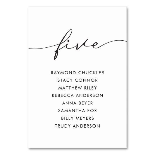 Moderne Schwarze Kalligrafie Hochzeittisch Fünf Tischnummer (Vorderseite)