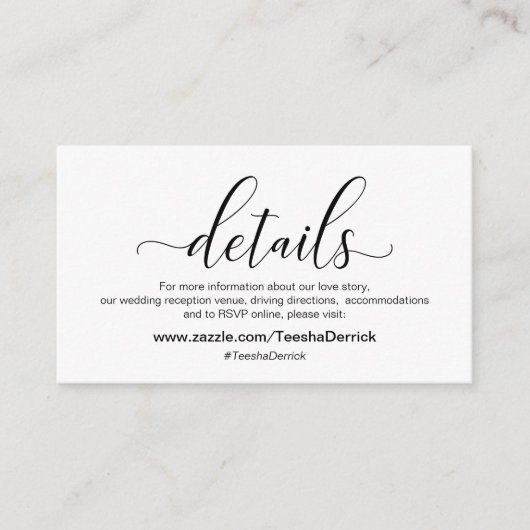 Moderne schwarze Kalligraphie, Hochzeitdetails Begleitkarte (Vorderseite)