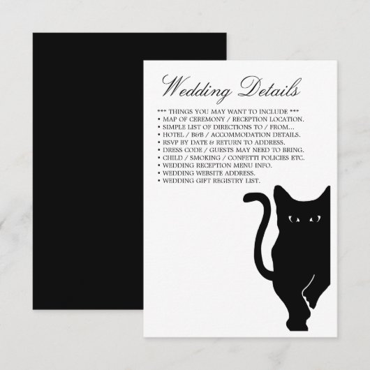 Moderne schwarze Katze Hochzeitsdetails Begleitkarte (Vorne/Hinten)