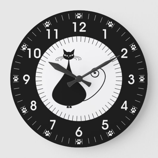 Moderne schwarze Katze mit Tatzen-Drucken Große Wanduhr (Vorderseite)