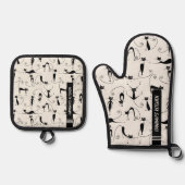Moderne schwarze Katze Mitte des Jahrhunderts Ofenhandschuh & Topflappen-Set (Vorderseite)