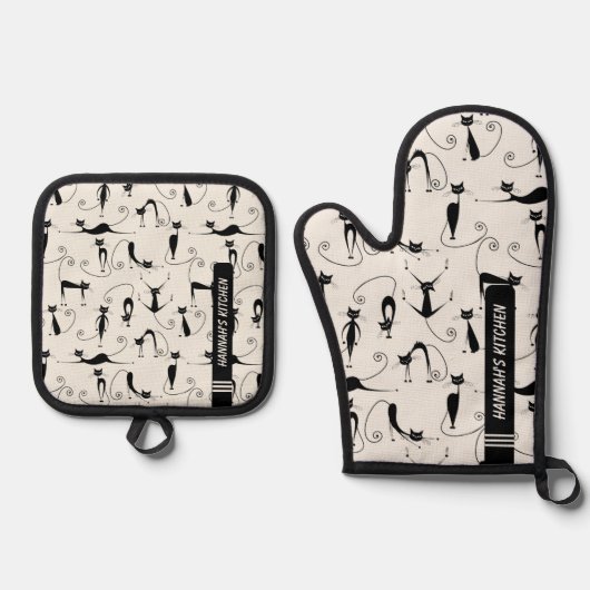 Moderne schwarze Katze Mitte des Jahrhunderts Ofenhandschuh & Topflappen-Set (Vorderseite)