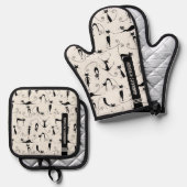 Moderne schwarze Katze Mitte des Jahrhunderts Ofenhandschuh & Topflappen-Set (Vorderseite/Rückseite)
