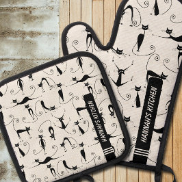 Moderne schwarze Katze Mitte des Jahrhunderts Ofenhandschuh & Topflappen-Set