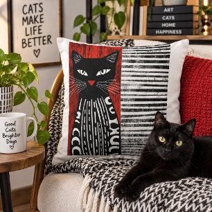 Moderne schwarze Katzen Abstract Folk Art Design Kissen