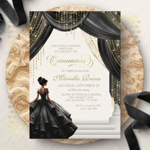 Moderne schwarze königliche Märchen-Quinceanera Einladung