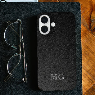 Moderne schwarze Kunstleder-Weiß-Monogramm-Initial iPhone 16 Hülle