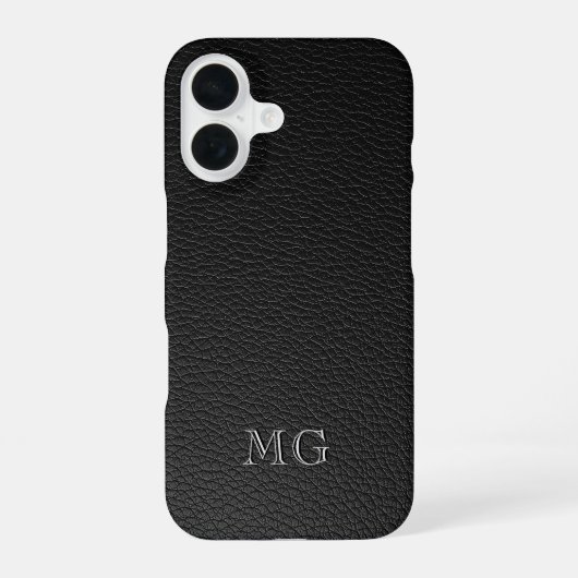 Moderne schwarze Kunstleder-Weiß-Monogramm-Initial iPhone 16 Hülle (Rückseite)