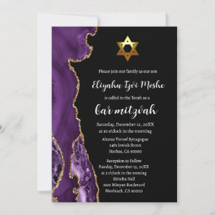 Moderne schwarze lila und goldene Bar Mitzwa Einladung