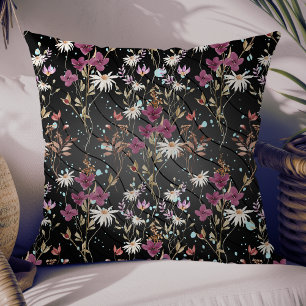Moderne schwarze Linien Elegante Wildblumen Kissen