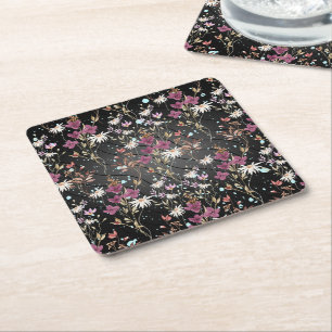 Moderne schwarze Linien Elegante Wildblumen Rechteckiger Pappuntersetzer