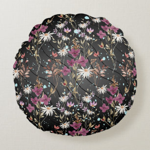 Moderne schwarze Linien Elegante Wildblumen Rundes Kissen
