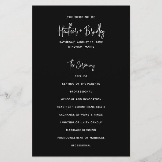 Moderne schwarze minimalistisches Hochzeitsprogram Flyer (Vorne)
