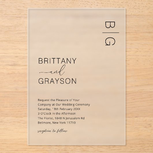 Moderne Schwarze Monogramm-Hochzeit Acryleinladungen (Vorderseite)