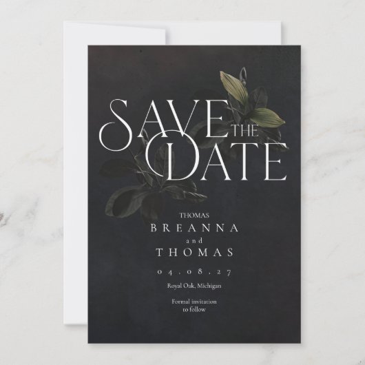 Moderne schwarze Moody Botanisch Save the Date (Vorderseite)
