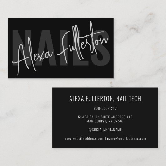 Moderne Schwarze Nageltechnikschrift Visitenkarte (Vorne/Hinten)