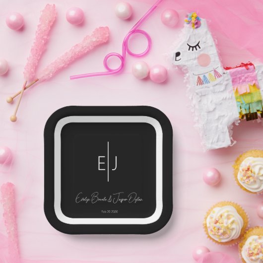 Moderne Schwarze Namen Initials Paper Plate Pappteller (Party)