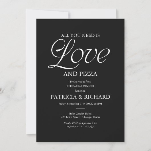 Moderne schwarze Pizza-Hochzeitsprobe Einladung (Vorderseite)