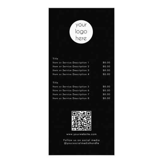 Moderne schwarze Preisliste QR Code Social Media Werbekarte (Vorne)