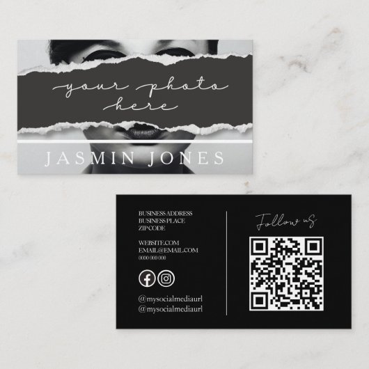 Moderne schwarze QR-Code-Foto Visitenkarte (Vorne/Hinten)