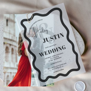 Moderne schwarze Retro Wavy Frame Chic Hochzeit Pergament Einladungen