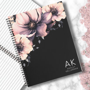 Moderne schwarze rosa Blumen-Monogramm-Initialen Notizblock