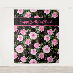 Moderne schwarze rosa Rosen Happy Birthday Tapete Wandteppich