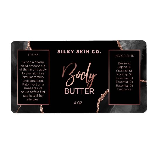 Moderne schwarze Rose Gold Body Butter Labels (Vorne)