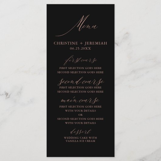 Moderne Schwarze Rose Gold Elegante Script Wedding Menükarte (Vorderseite)