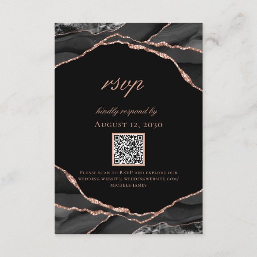 Moderne Schwarze Rose Gold Foil Agate Hochzeit RSVP Karte (Vorderseite)