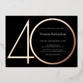 Moderne Schwarze Rose Gold Minimalistisch 40. Gebu Folieneinladung (Vorderseite)