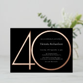 Moderne Schwarze Rose Gold Minimalistisch 40. Gebu Folieneinladung (Stehend vorne)