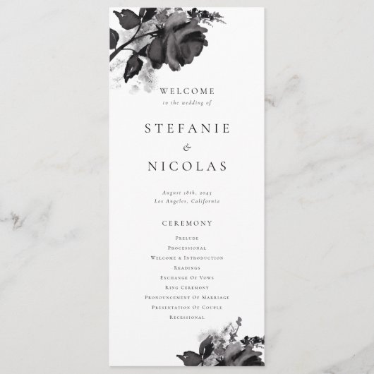 Moderne Schwarze Rose Hochzeitsfeier Programm (Vorderseite)