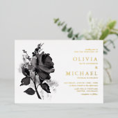 Moderne Schwarze Rose Minimalistische Hochzeit Folieneinladung (Stehend vorne)