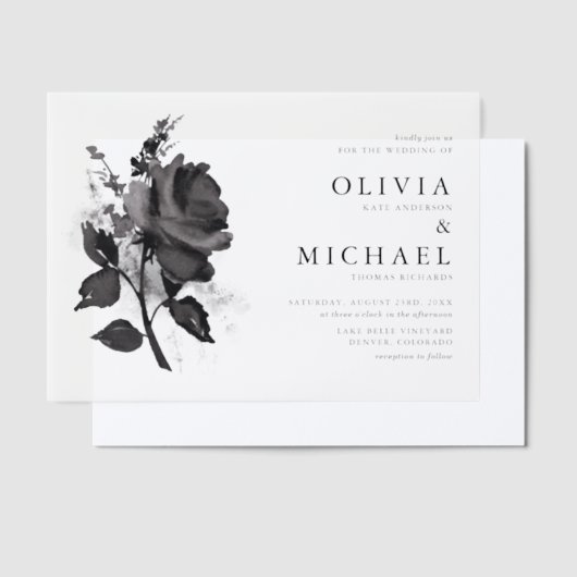 Moderne Schwarze Rose Minimalistische Hochzeit Pergament Einladungen (Versetzt)