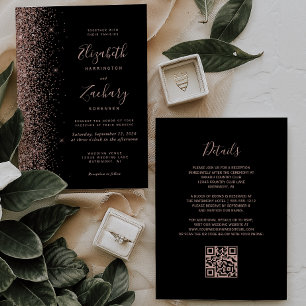 Moderne schwarze Rosen Gold Glitter QR Code Hochze Einladung