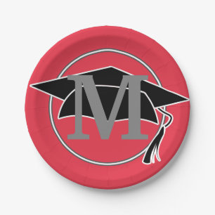 Moderne schwarze rote Abschluss-Monogramm-Initiale Pappteller
