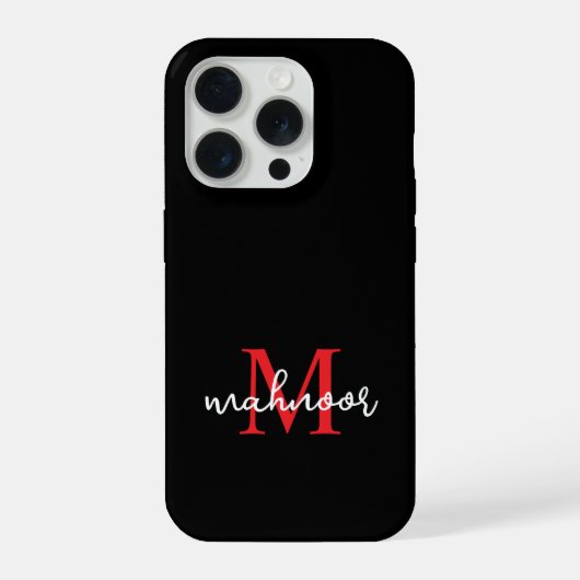 Moderne schwarze rote personalisierte Monogramm-Ha iPhone Hülle (Rückseite)
