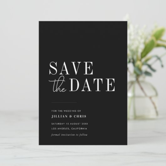 moderne Schwarze Save the Date-Karte Einladung (Stehend Vorderseite)