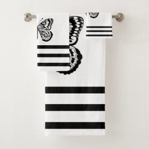 Moderne schwarze Schmetterlinge u. Streifen Badhandtuch Set