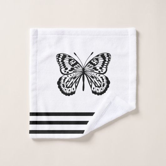 Moderne schwarze Schmetterlinge u. Streifen Badhandtuch Set (Waschlappen)
