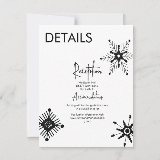 Moderne Schwarze Schneeflocken-Hochzeitsdetails Einladung (Vorderseite)