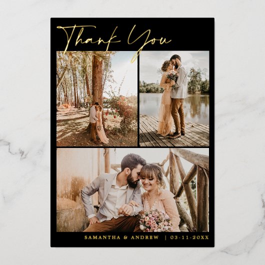 Moderne Schwarze Schrift 6 Fotos Hochzeit Folieneinladung (Vorderseite)