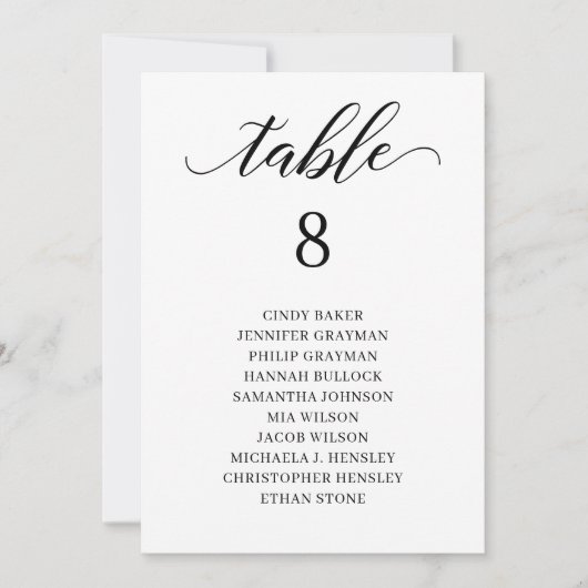 Moderne schwarze Script-Tischnummer Einladung (Vorderseite)