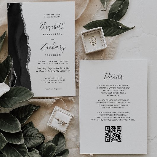 Moderne schwarze Silber-Achat-QR-Code-Hochzeit Einladung